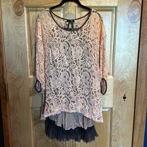 Ryu Pink and Brown lace top with brown layering dress